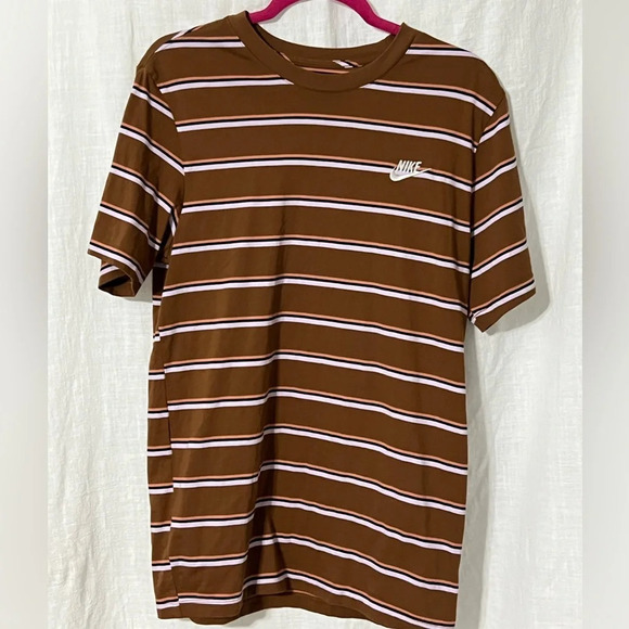 The Nike Tee Women's Size Medium Shirt Brown Striped Embroidered Logo T-Shirt - Picture 1 of 6
